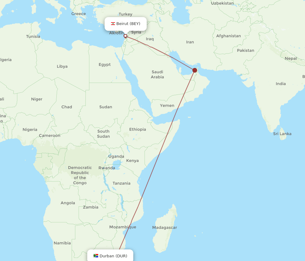 BEY to DUR flights and routes map