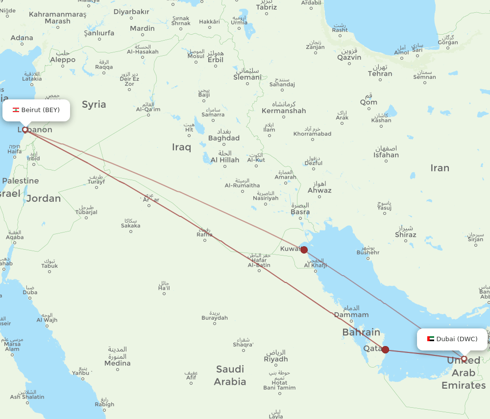 BEY to DWC flights and routes map