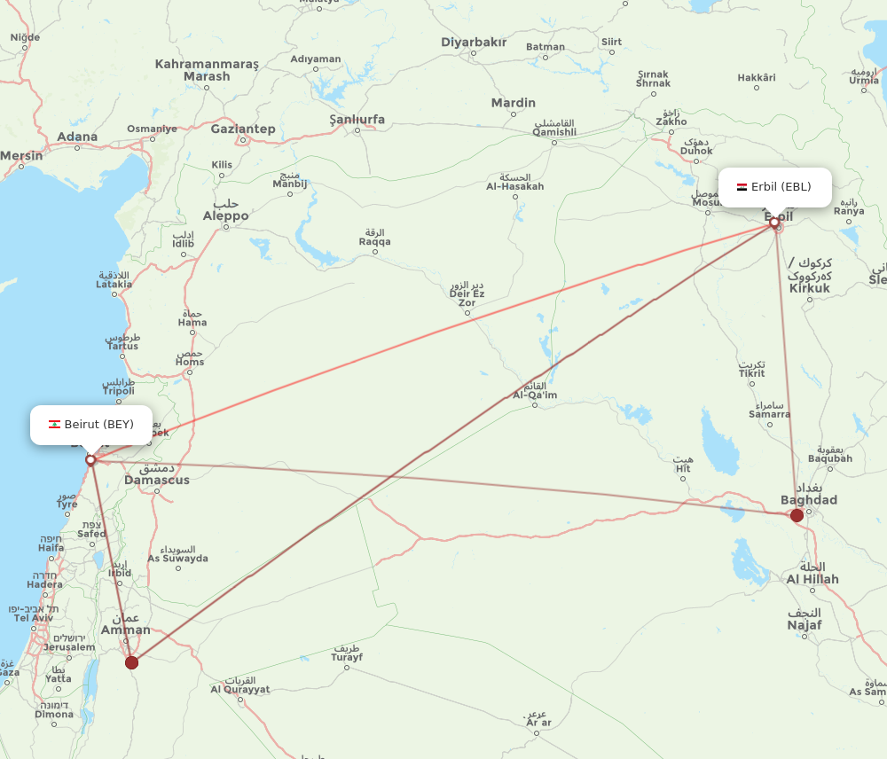 BEY to EBL flights and routes map