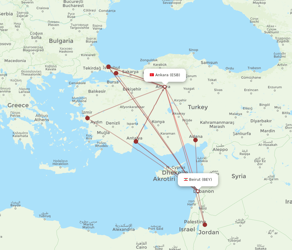 BEY to ESB flights and routes map