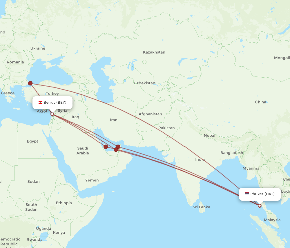 BEY to HKT flights and routes map