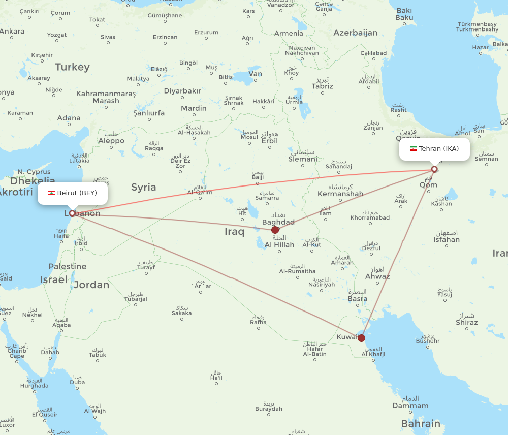 BEY to IKA flights and routes map