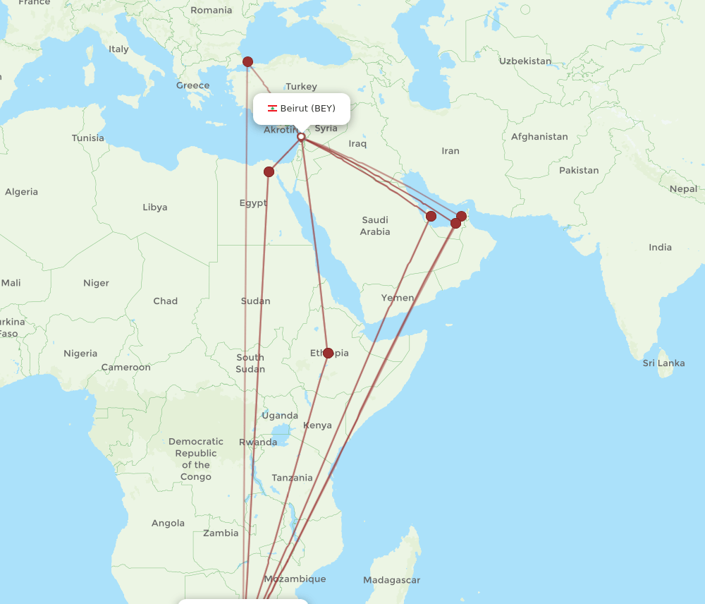 BEY-JNB flight routes