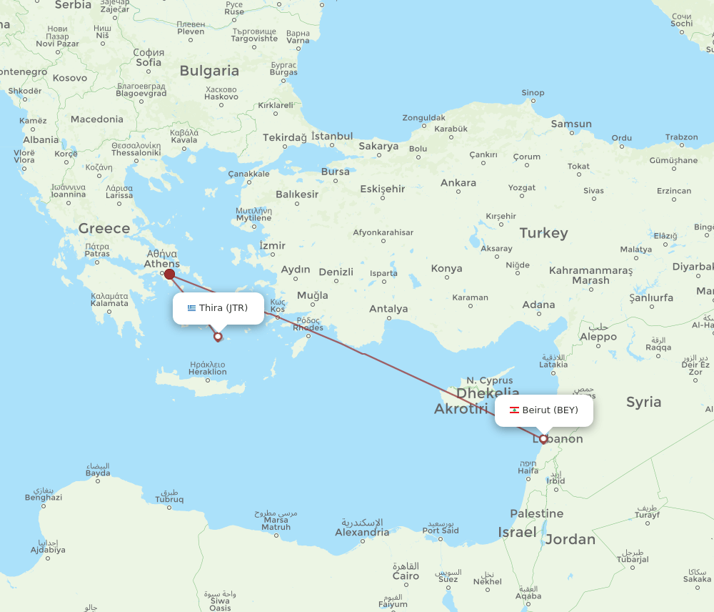 BEY to JTR flights and routes map