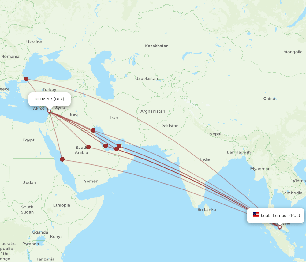BEY to KUL flights and routes map