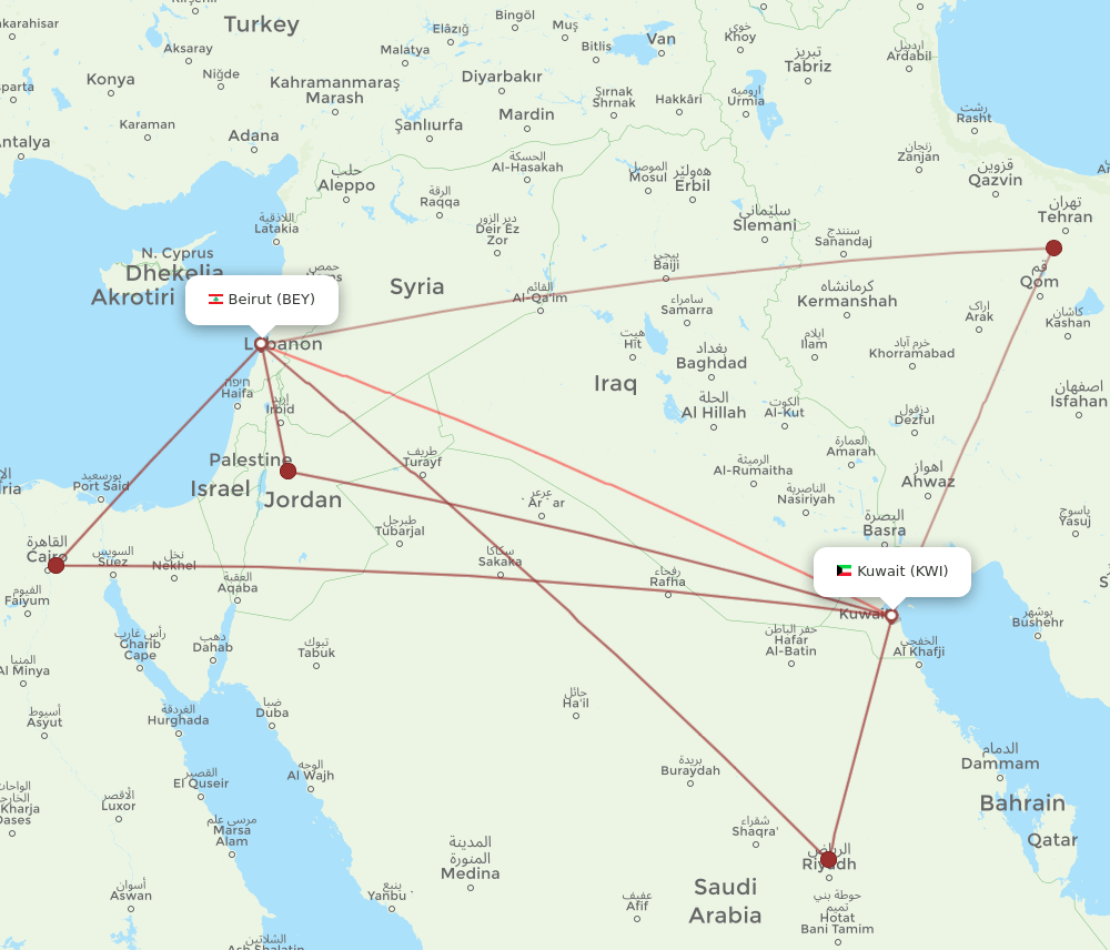 BEY to KWI flights and routes map