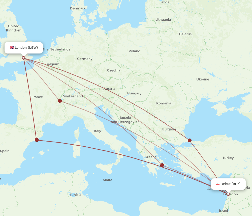 BEY-LGW flight routes