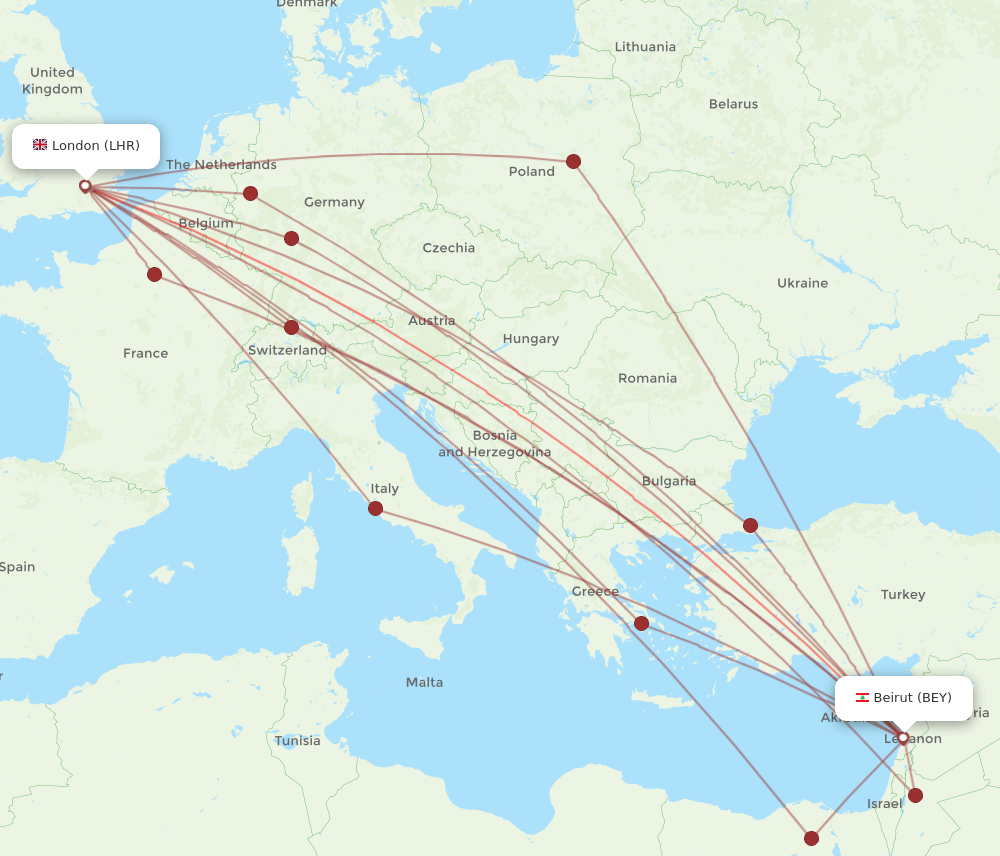 BEY to LHR flights and routes map