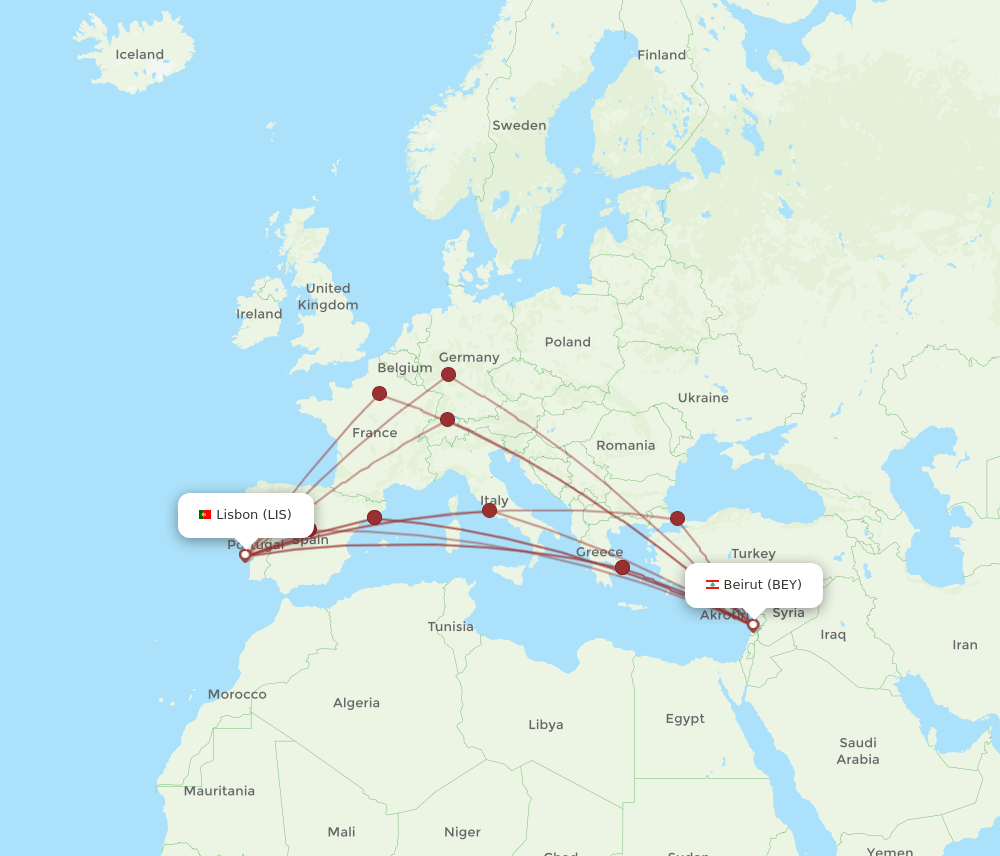 BEY-LIS flight routes
