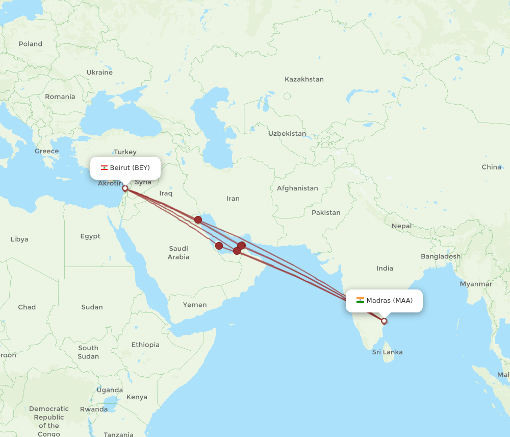 BEY to MAA flights and routes map