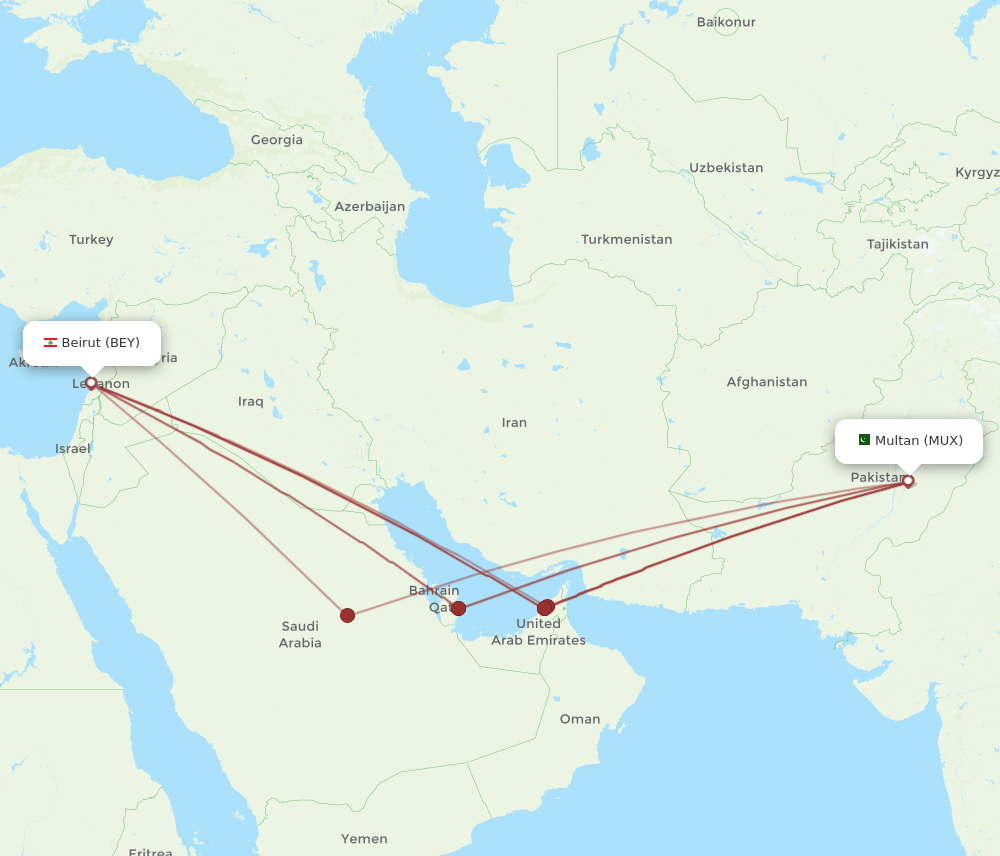 BEY to MUX flights and routes map