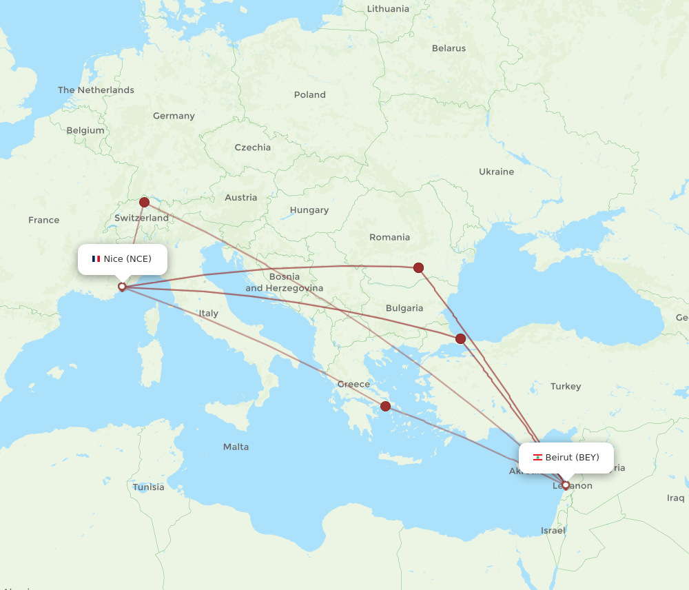 BEY-NCE flight routes