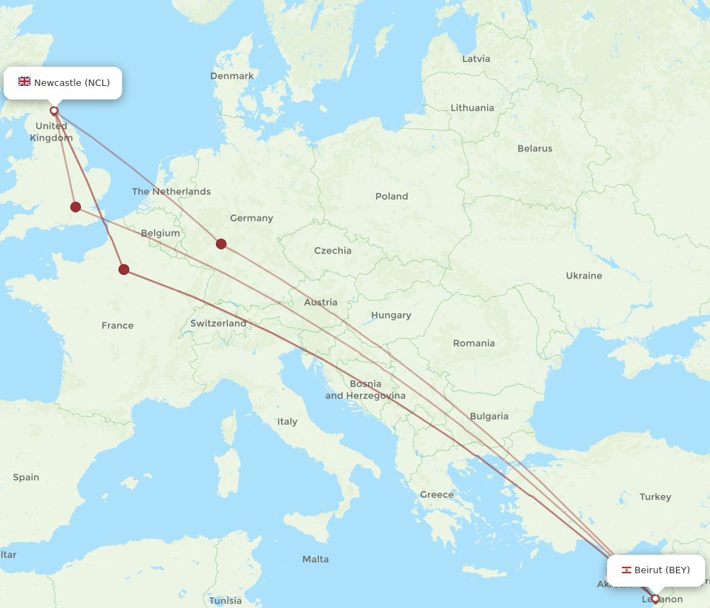 BEY to NCL flights and routes map