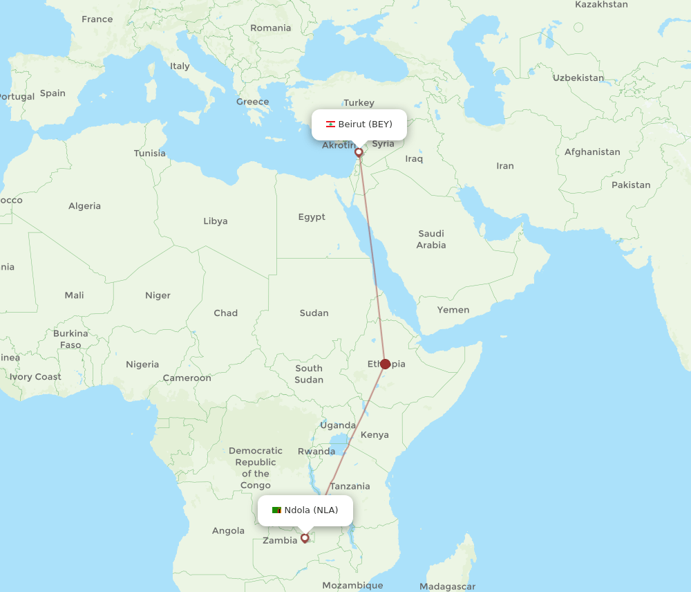 BEY-NLA flight routes