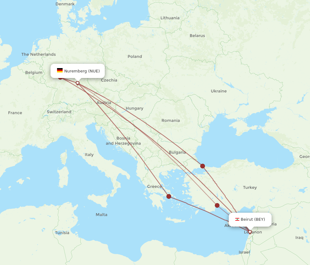 BEY to NUE flights and routes map