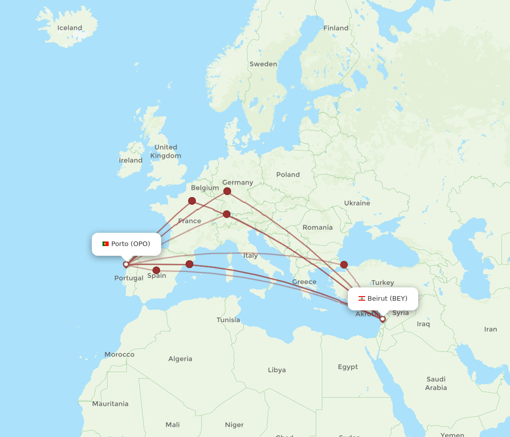 BEY to OPO flights and routes map
