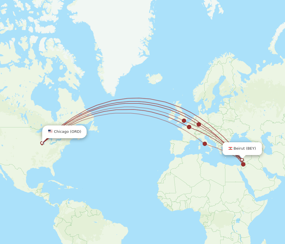 BEY to ORD flights and routes map