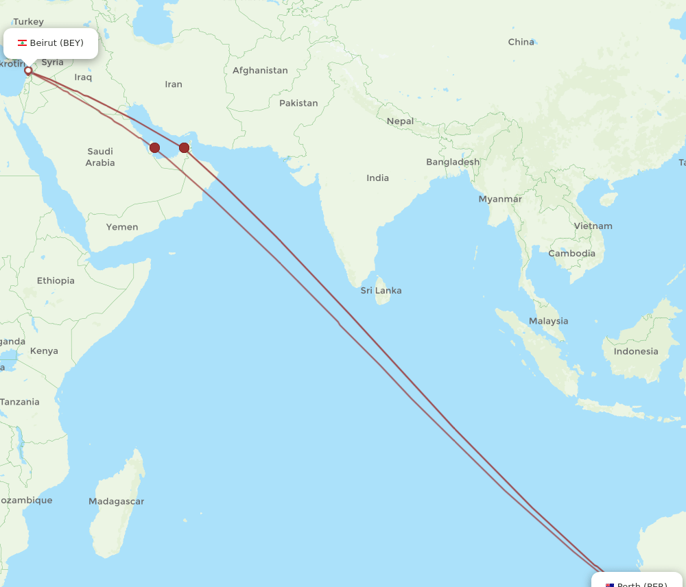 BEY-PER flight routes