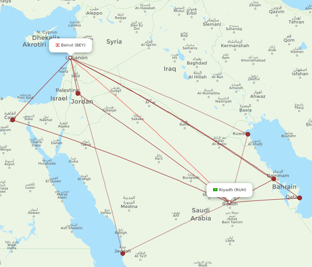 BEY to RUH flights and routes map