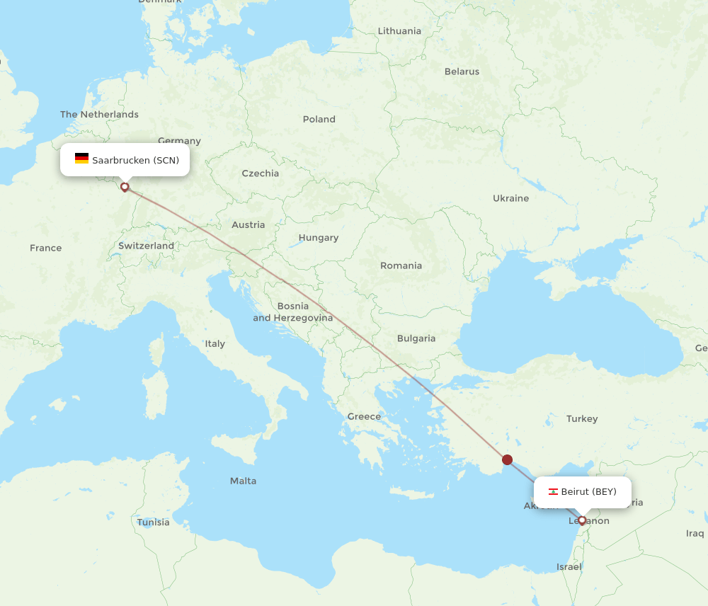 BEY to SCN flights and routes map