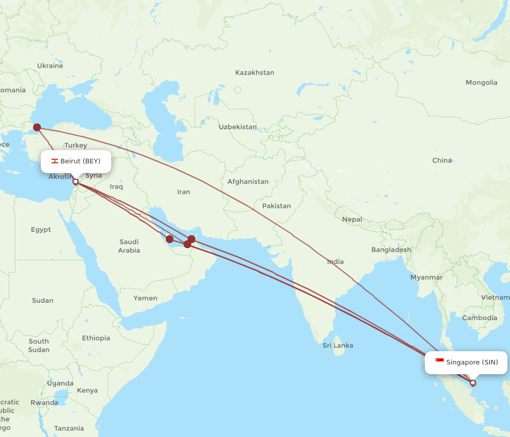 BEY-SIN flight routes