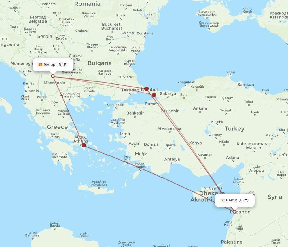 BEY-SKP flight routes