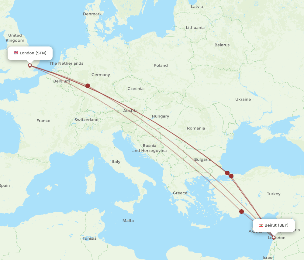 BEY to STN flights and routes map