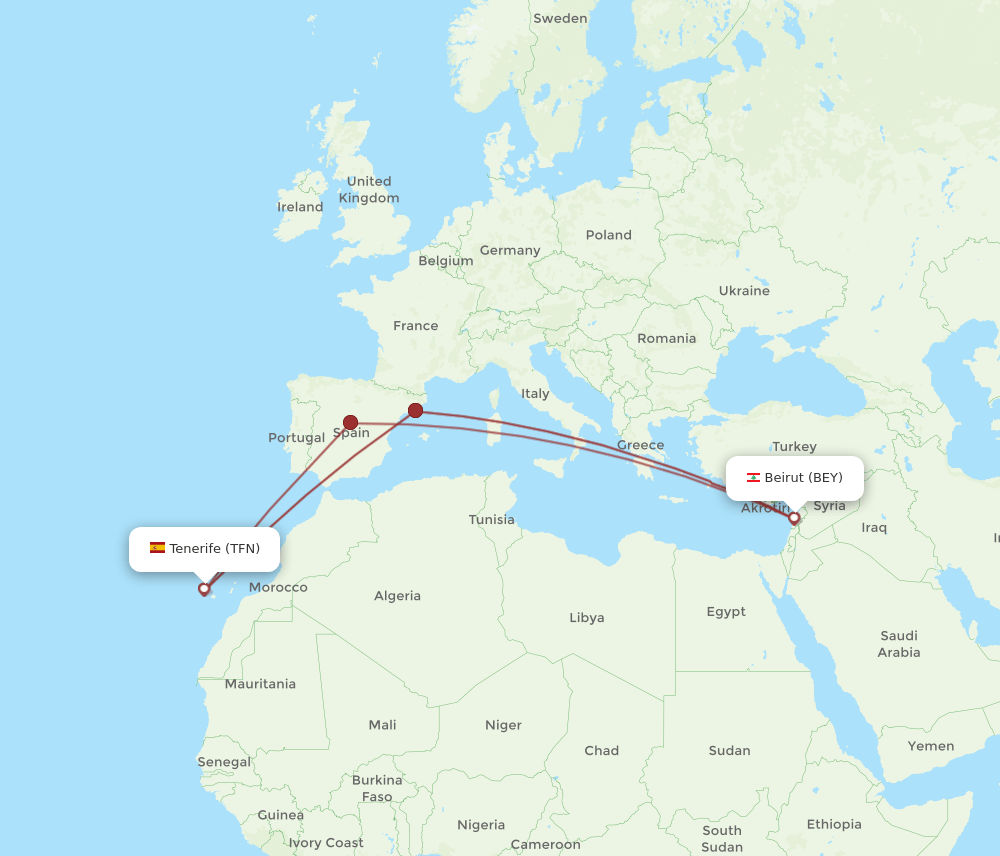 BEY-TFN flight routes