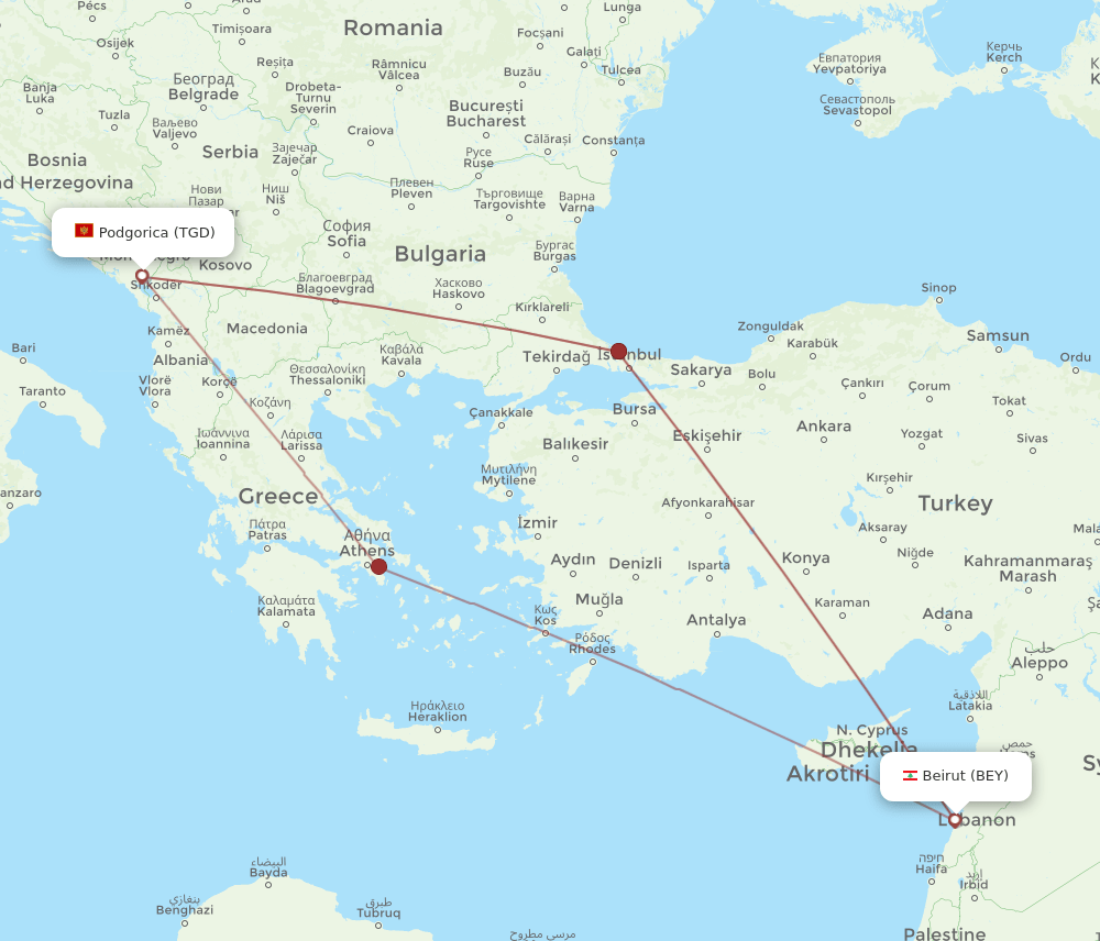BEY to TGD flights and routes map