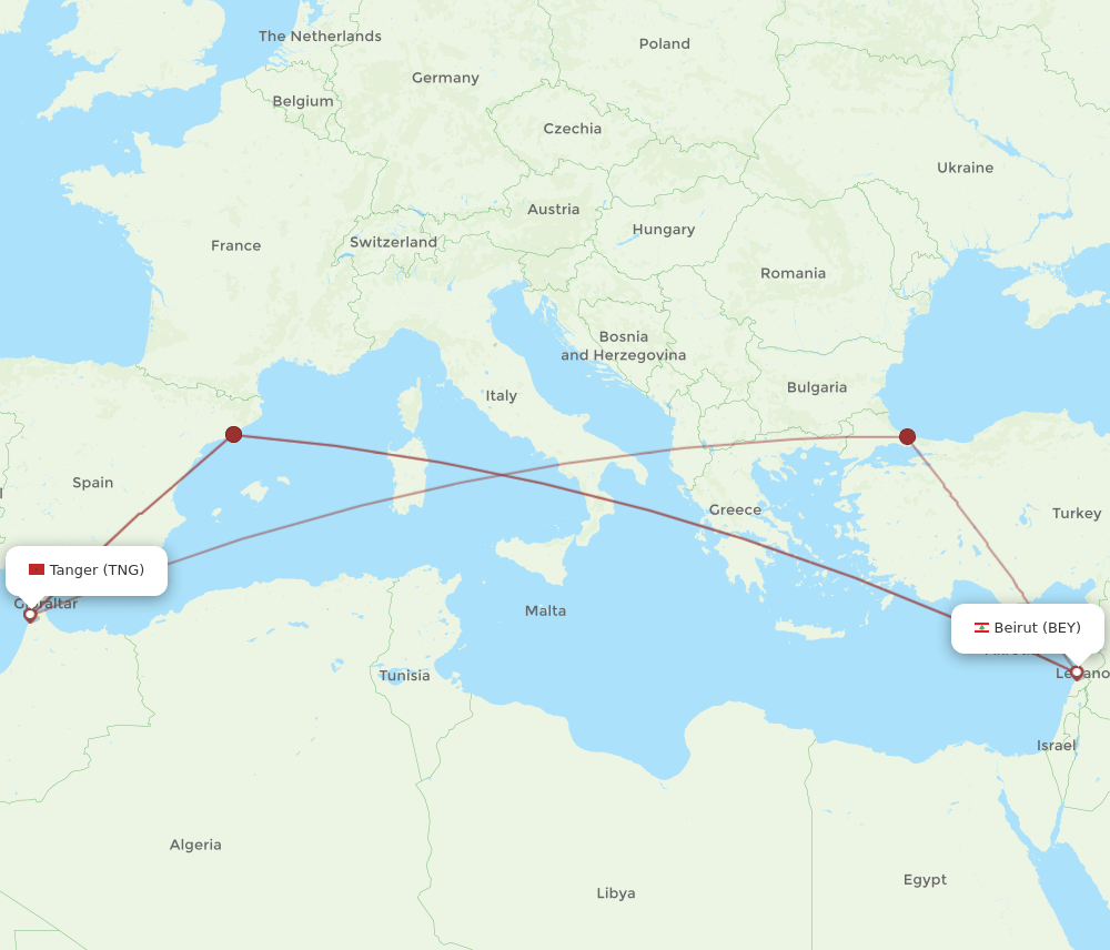 BEY to TNG flights and routes map