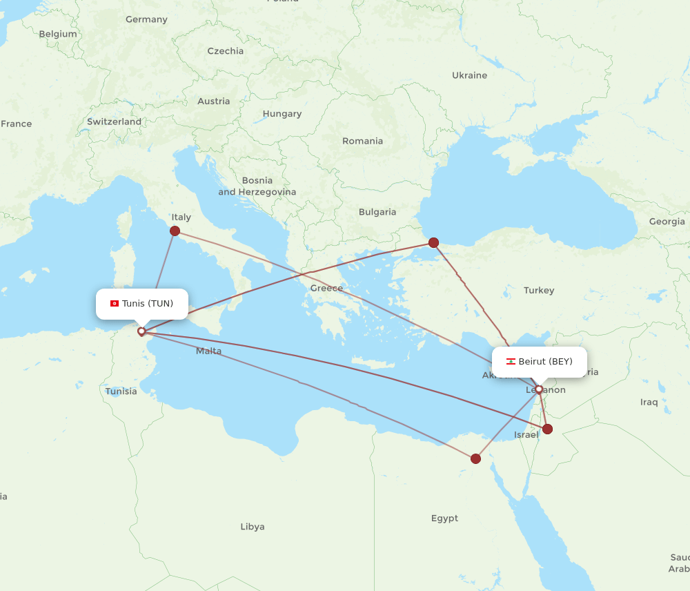 BEY to TUN flights and routes map
