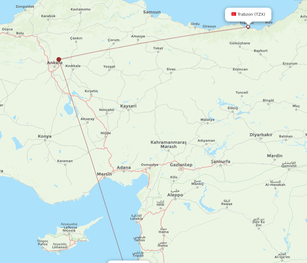 BEY to TZX flights and routes map
