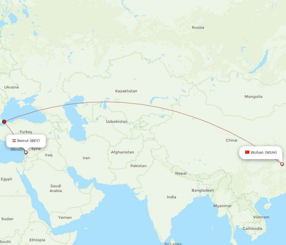 BEY to WUH flights and routes map