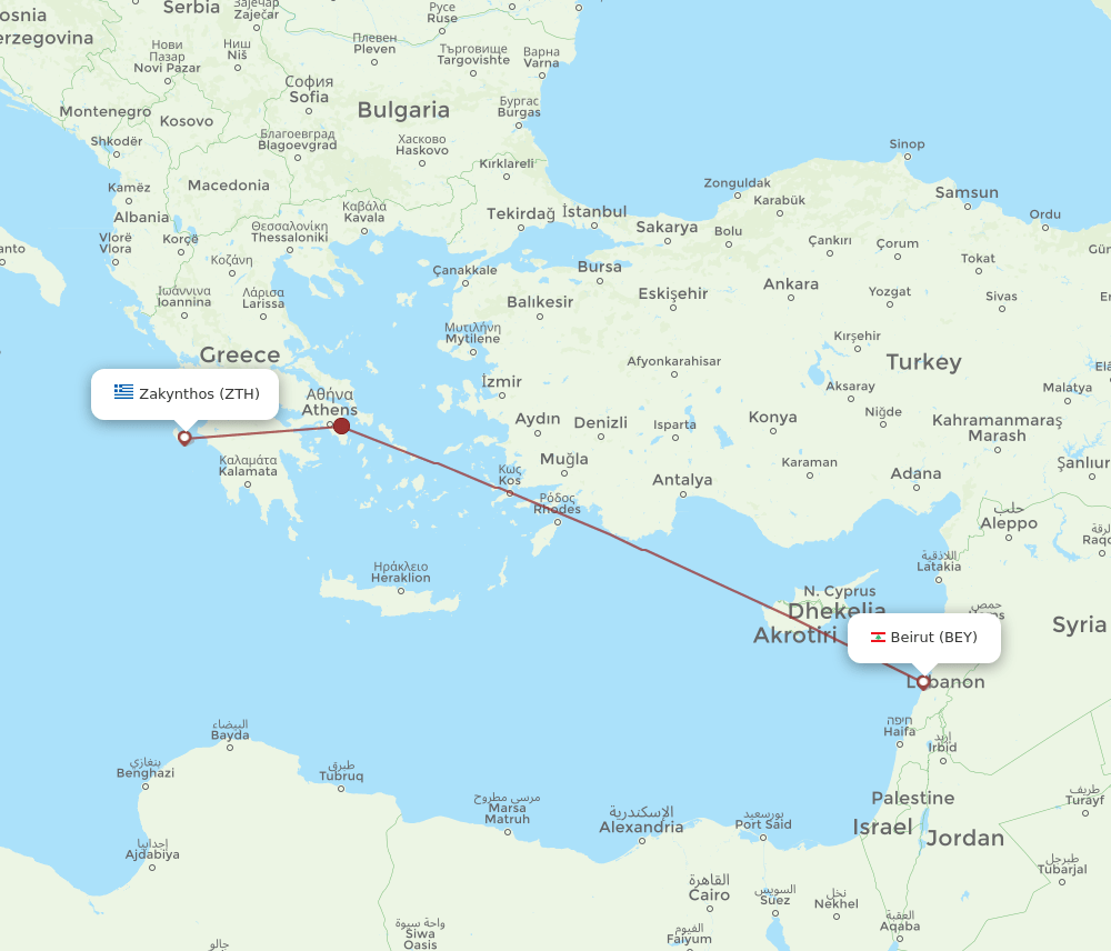 Zakinthos - Beirut route map and flight paths