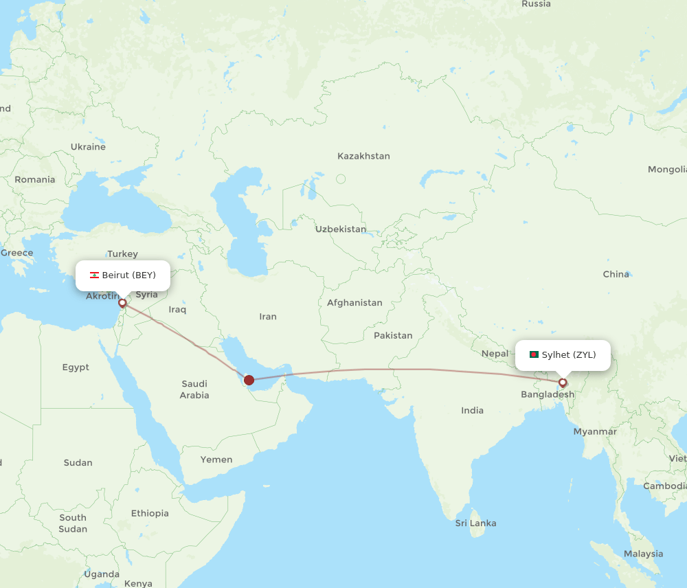 BEY-ZYL flight routes