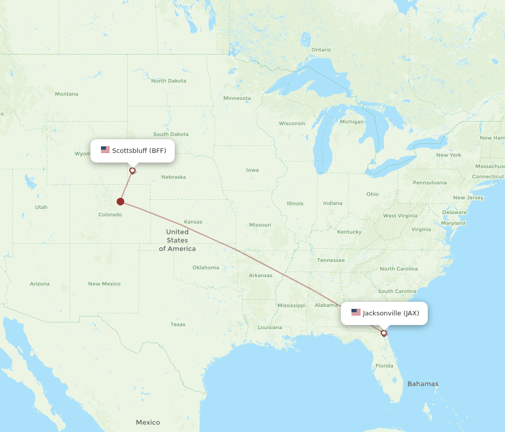 Jacksonville - Scottsbluff route map and flight paths