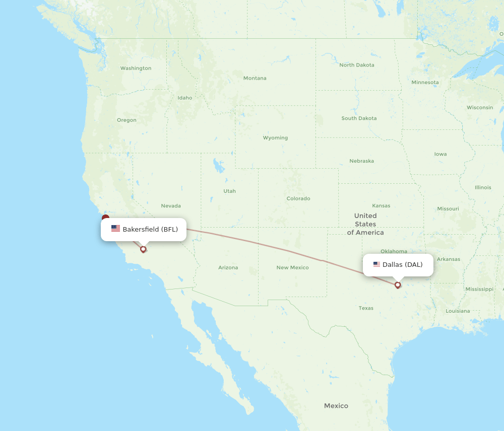Bakersfield - Dallas route map and flight paths