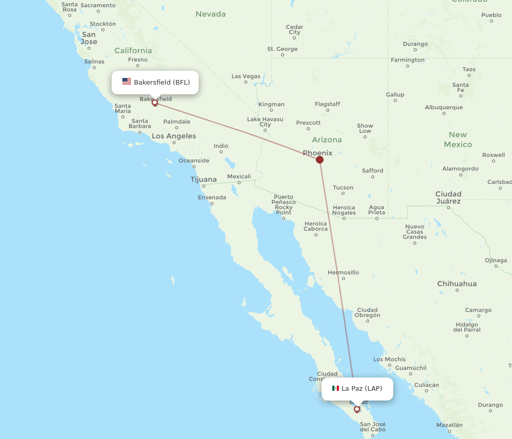 Bakersfield - La Paz route map and flight paths