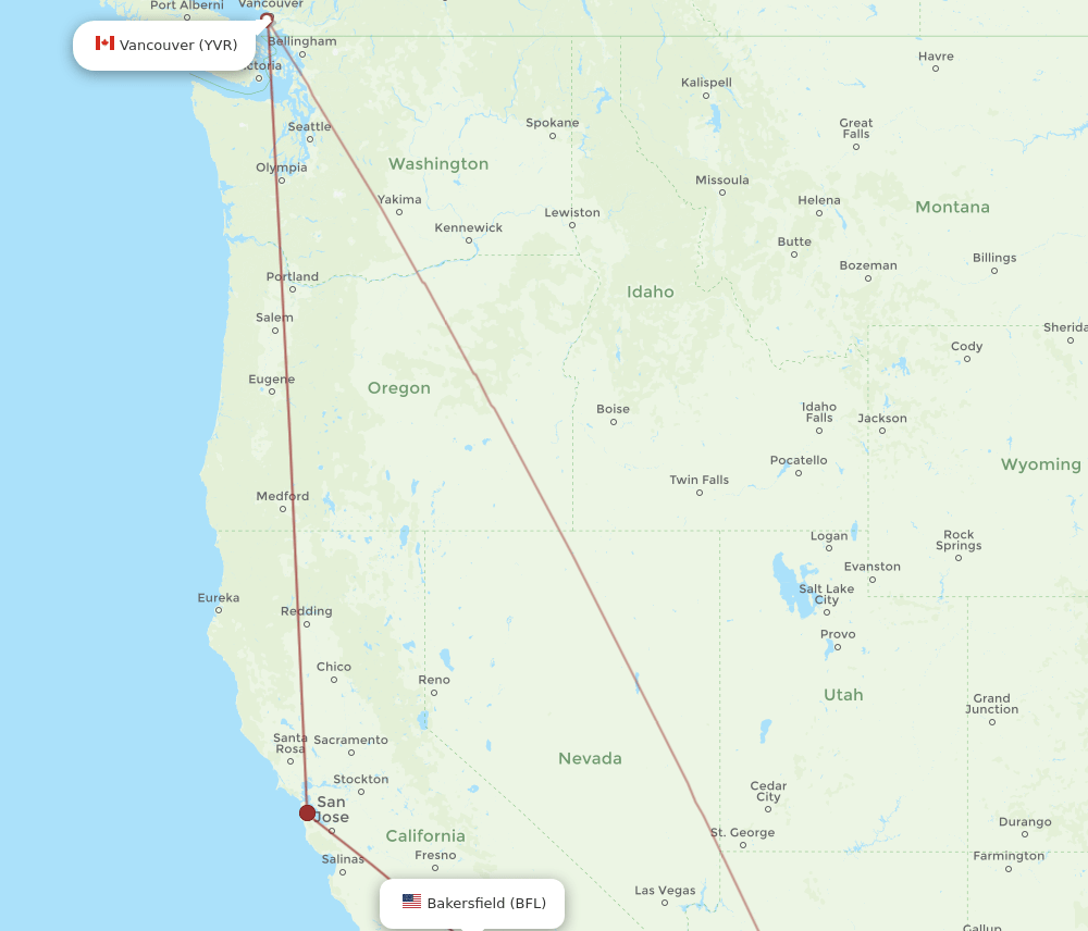 Vancouver - Bakersfield route map and flight paths