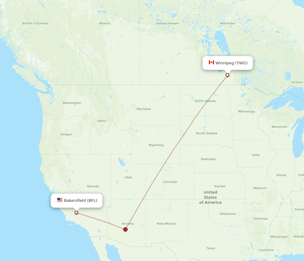 Winnipeg - Bakersfield route map and flight paths