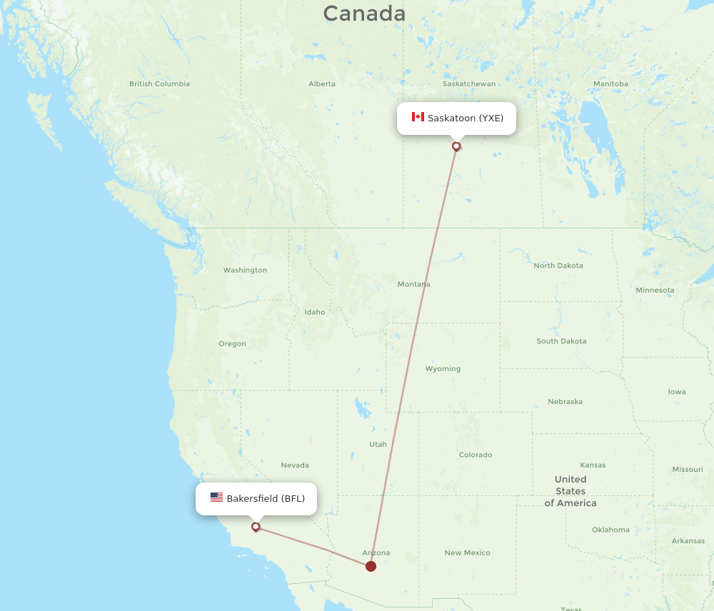 Saskatoon - Bakersfield route map and flight paths