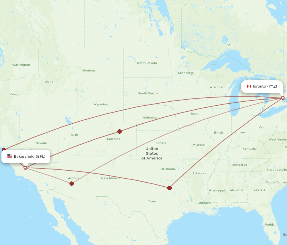 Toronto - Bakersfield route map and flight paths