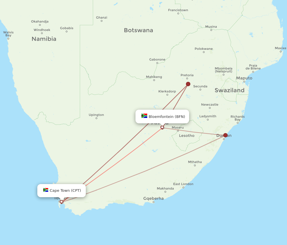 BFN to CPT flights and routes map