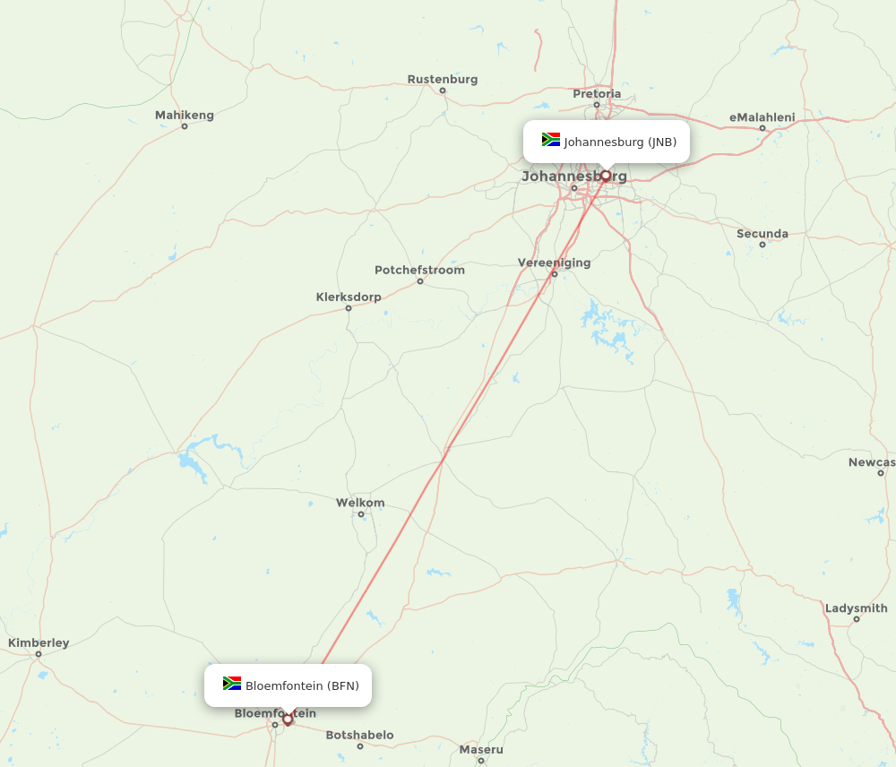 Bloemfontein - Johannesburg route map and flight paths
