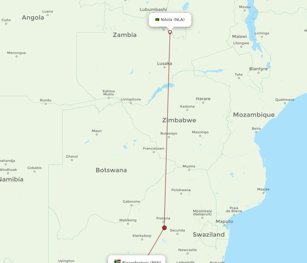 BFN to NLA flights and routes map