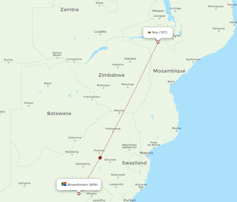 Tete - Bloemfontein route map and flight paths