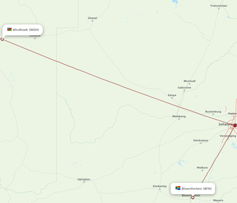 BFN to WDH flights and routes map