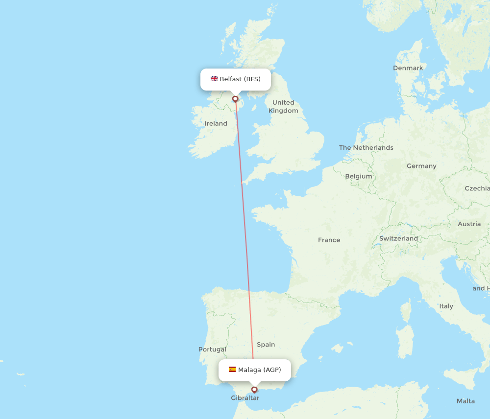 Belfast - Malaga route map and flight paths