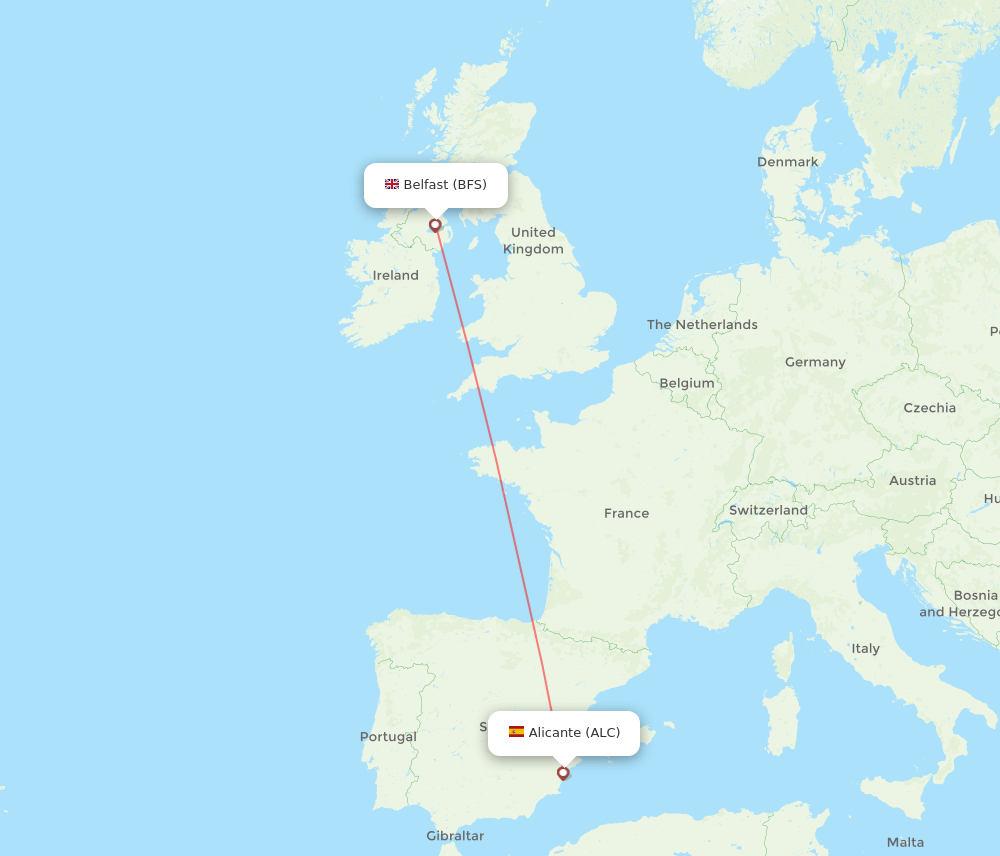 Belfast - Alicante route map and flight paths