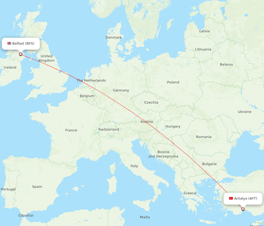 Belfast - Antalya route map and flight paths